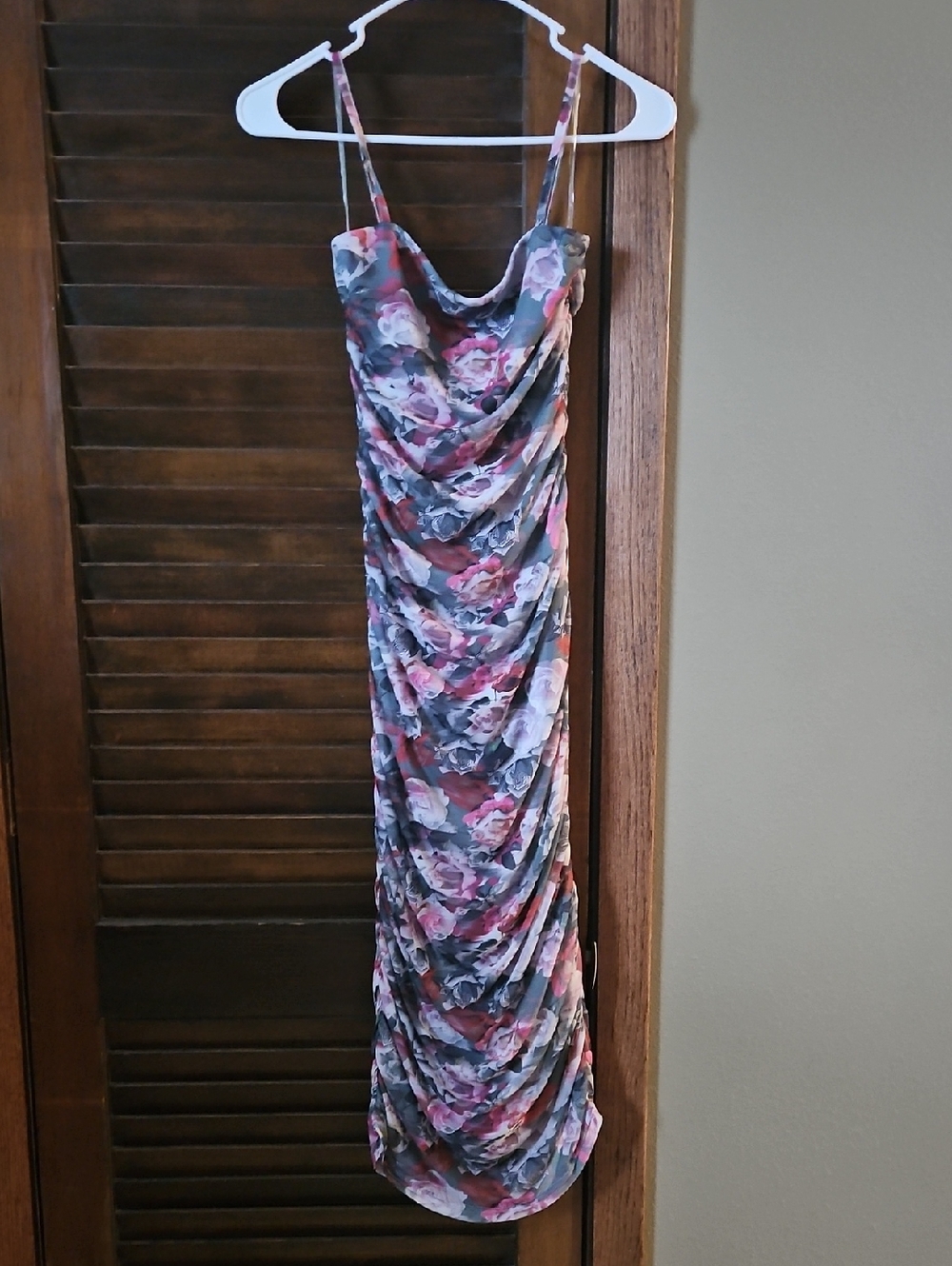 Ruched Cowl-Neck Midi Dress in Pink Floral